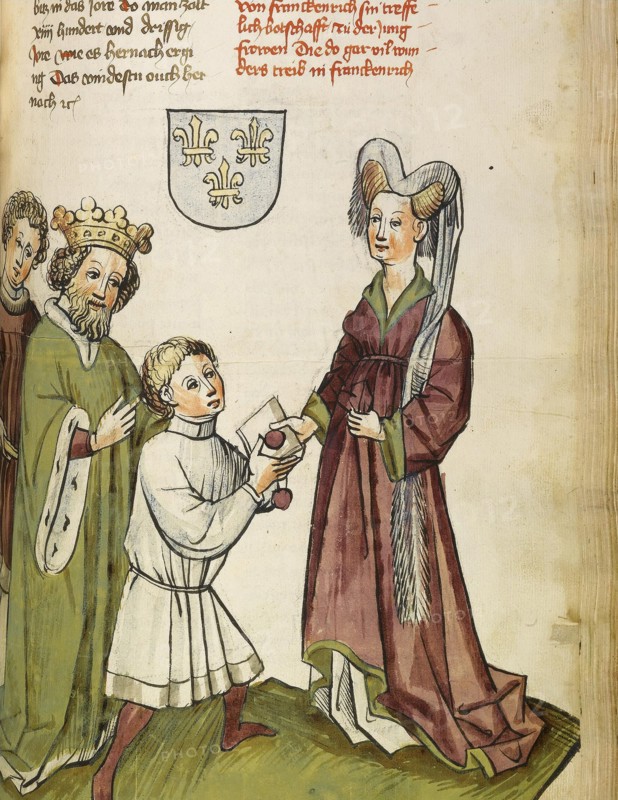 Emperor Sigismund before Joan of Arc (From: The life and times of the Emperor Sigismund by Eberhard Windeck), c. 1450. Artist: Lauber, Diebold, (Workshop)