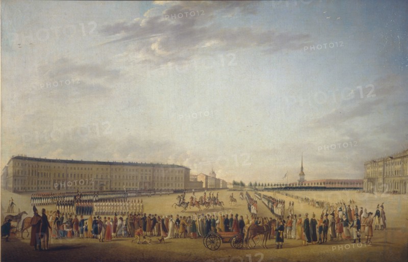 Changing of the Guard at the Palace Square in Saint Petersburg, c. 1800. Artist: Mayr, Johann Georg, von (1760-1816)