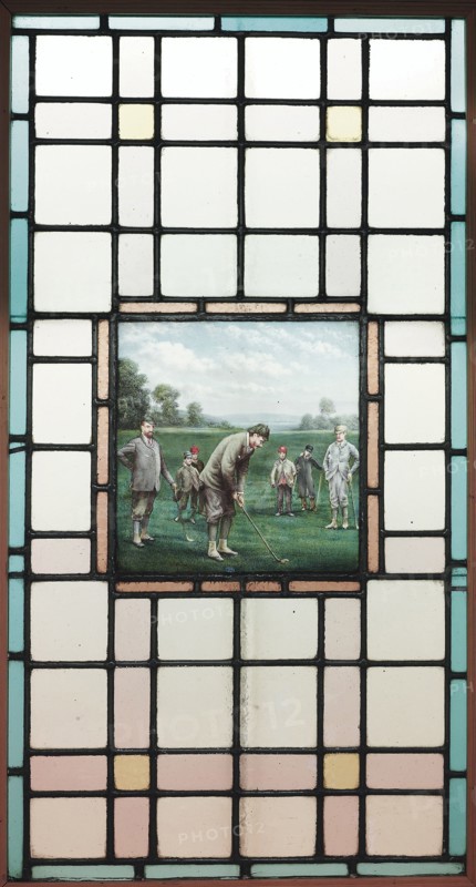 A Late Victorian Leaded Glass Window With The Golfers, c. 1890. Artist: Brock, Charles Edmund (1870-1938)