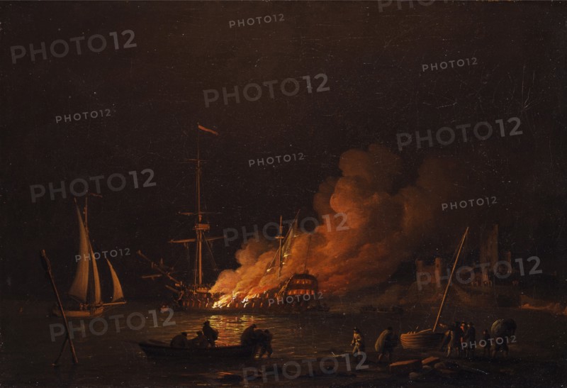 Ship on fire at night, ca 1756. Artist: Brooking, Charles (1723-1759)