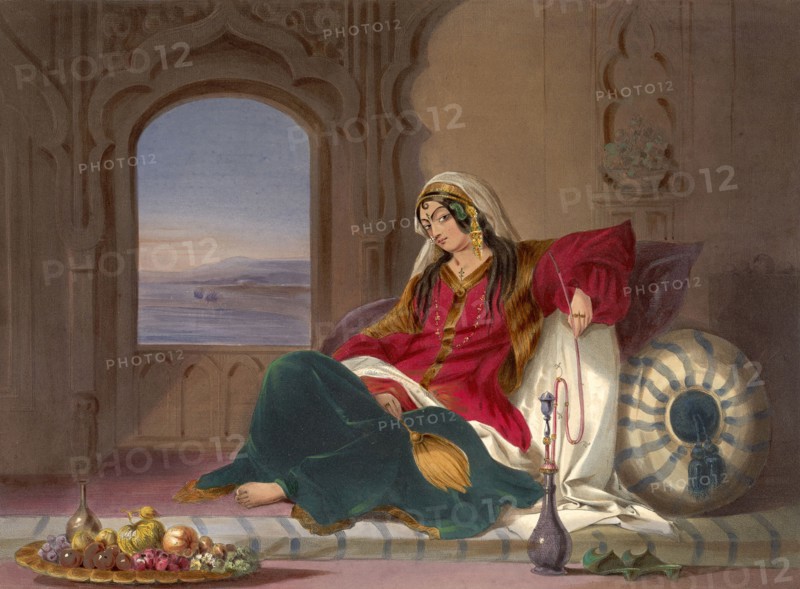 Kandahar Lady of Rank, Engaged in Smoking, 1848. Artist: Carrick, Robert (active Mid of 19th cen.)