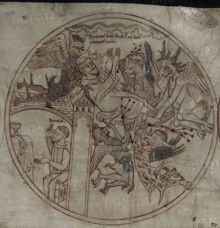 Demons attack Guthlac (Manuscript The life of Saint Guthlac), Early 12th century. Artist: Anonymous