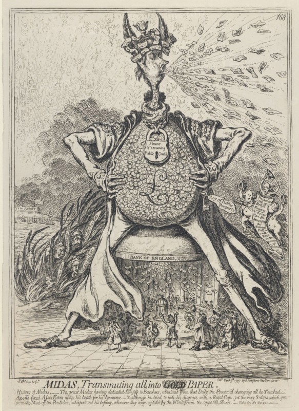 Midas, Transmuting all into Gold Paper, 1797. Artist: Gillray, James (1757-1815)