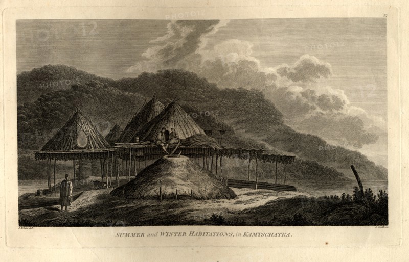Summer and Winter Habitations in Kamchatka (from the Voyage to the Pacific Ocean), 1785. Artist: Webber, John (1751-1793)