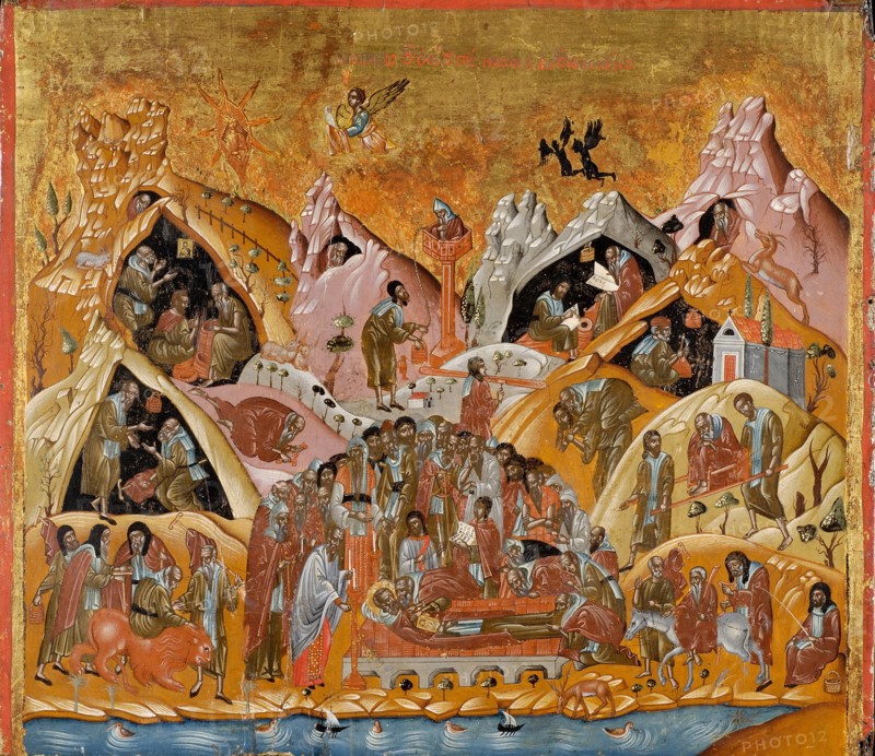 The Dormition of Saint Sabbas the Sanctified, End of 16th cen.. Artist: Byzantine icon