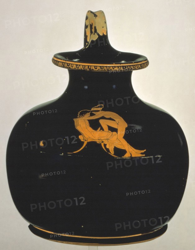 Oinochoe. Love-making (naked girl climbing on to a boy's lap), ca 430 BC. Artist: Shuvalov Painter (active 440-410 BC)