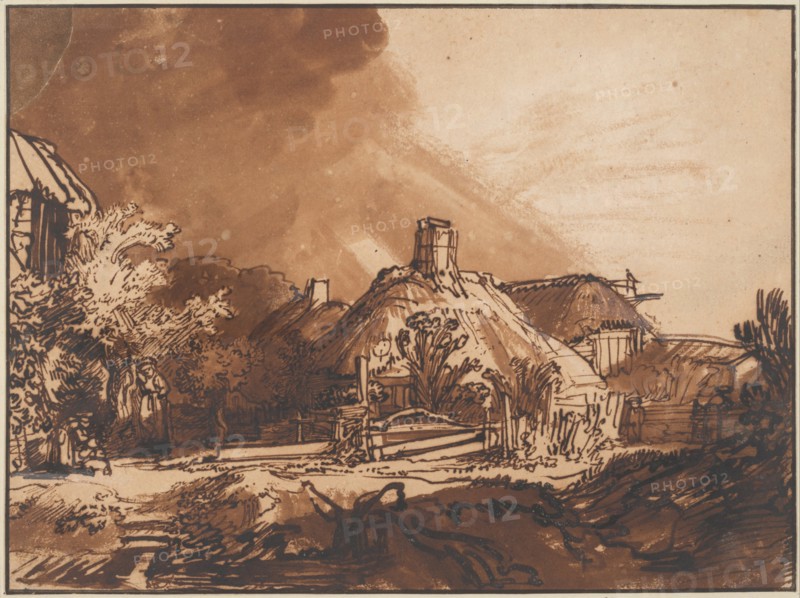 Cottages under a Stormy Sky, c. 1640. Artist: Rembrandt van Rhijn (1606-1669)