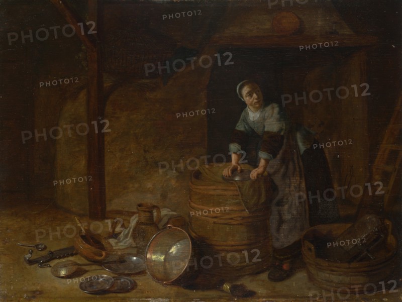 A Woman scouring a Pot, c. 1650-1660. Artist: Bosch, Pieter van den (ca. 1613-1663)
