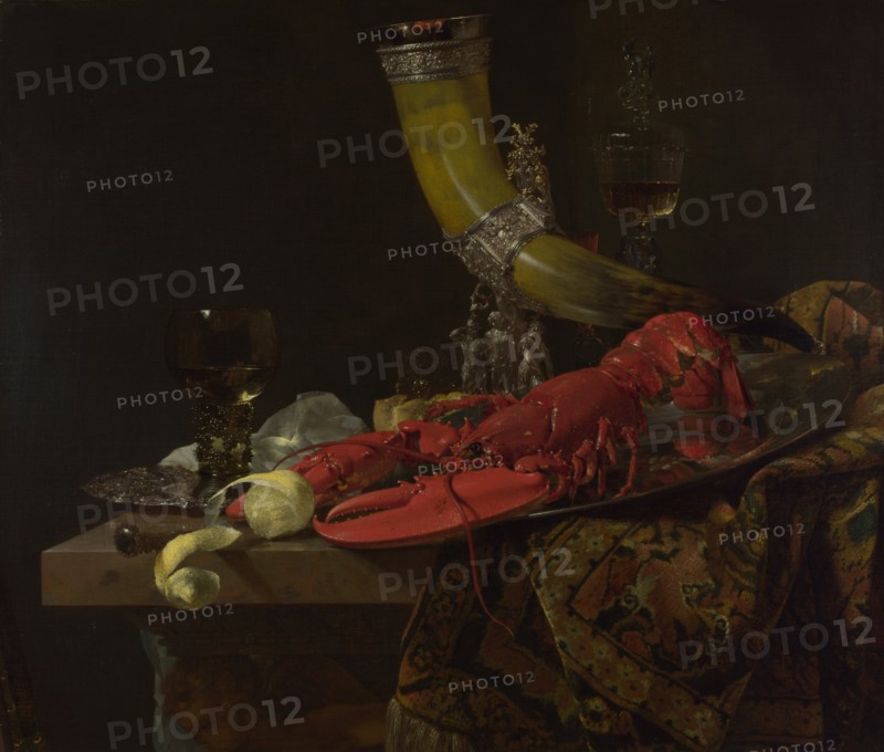 Still Life with the Drinking-Horn of the Saint Sebastian Archers' Guild, Lobster and Glasses, c. 1653. Artist: Kalf, Willem (1619-1693)