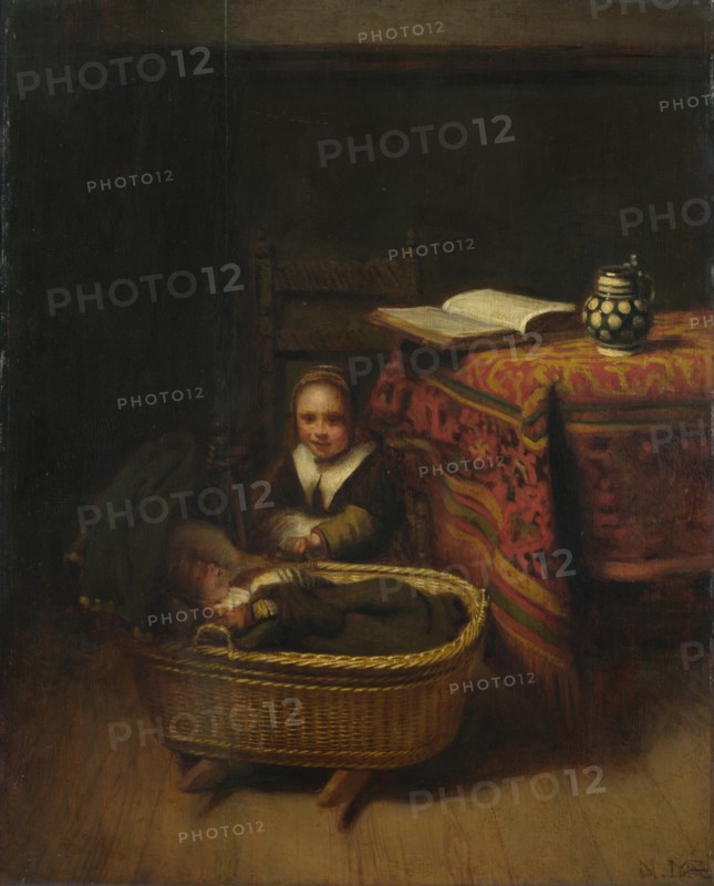 A Little Girl rocking a Cradle, c. 1655. Artist: Maes, Nicolaes (1634-1693)