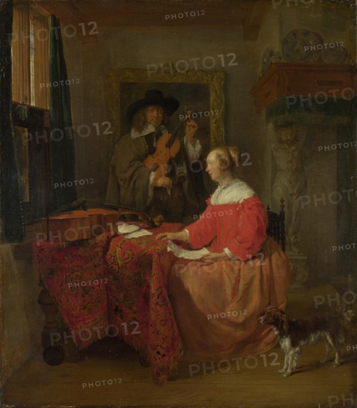 A Woman seated at a Table and a Man tuning a Violin, c. 1657?1658. Artist: Metsu, Gabriel (1629-1667)