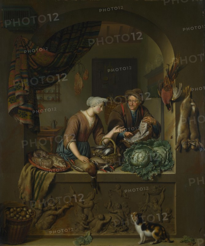 A Woman and a Fish-pedlar in a Kitchen, 1713. Artist: Mieris, Willem van (1662-1747)