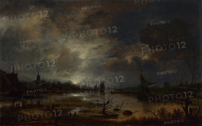 A River near a Town, by Moonlight, c. 1645. Artist: Neer, Aert, van der (1603-1677)