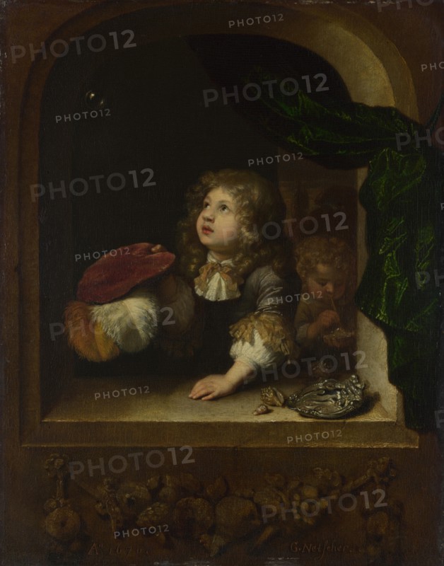 Two Boys blowing Bubbles, c. 1670. Artist: Netscher, Caspar (1639-1684)