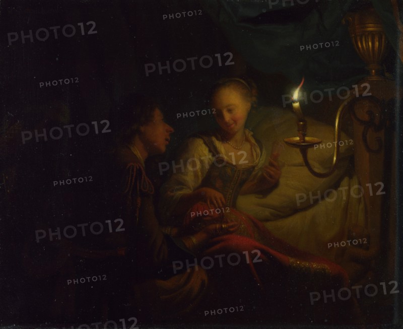 A Candlelight Scene. A Man offering a Gold Chain and Coins to a Girl seated on a Bed, ca. 1665-1667. Artist: Schalcken, Godfried Cornelisz (1643-1706)