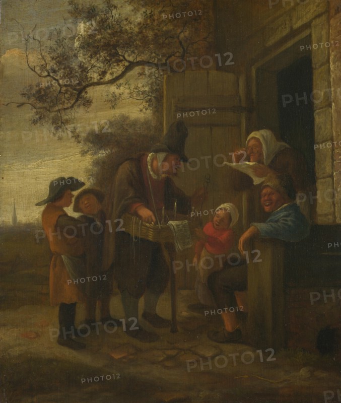 A Pedlar selling Spectacles outside a Cottage, c. 1653. Artist: Steen, Jan Havicksz (1626-1679)