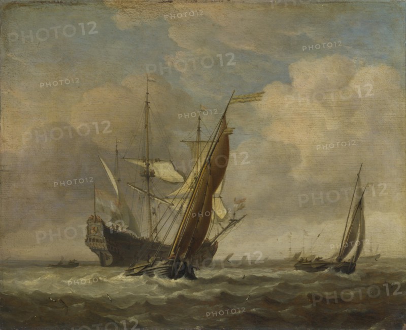 Two Small Vessels and a Dutch Man-of-War in a Breeze, c. 1660. Artist: Velde, Willem van de, the Younger (1633-1707)