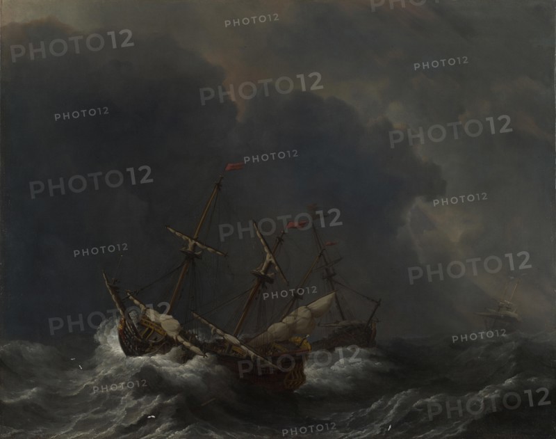Three Ships in a Gale, 1673. Artist: Velde, Willem van de, the Younger (1633-1707)