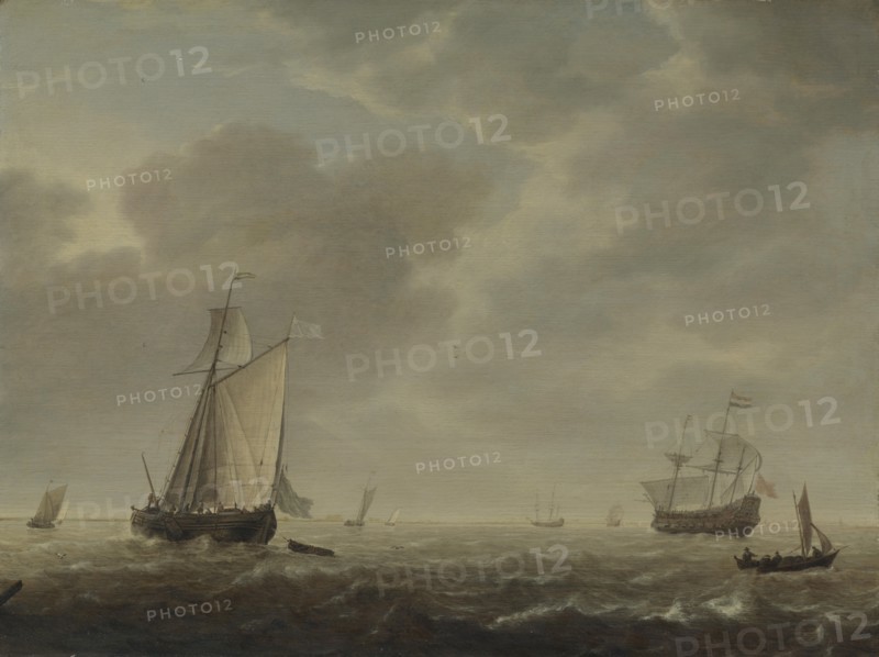 A Dutch Man-of-war and Various Vessels in a Breeze, c. 1640. Artist: Vlieger, Simon de (1601-1653)