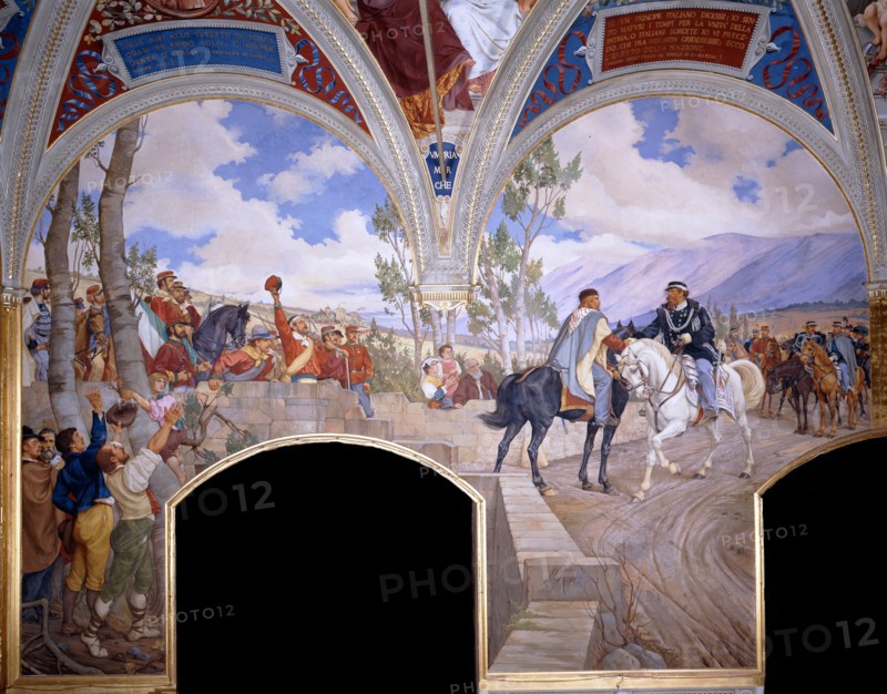 Victor Emanuel meets Giuseppe Garibaldi at Teano, 1886. Artist: Aldi, Pietro (1852-1888)