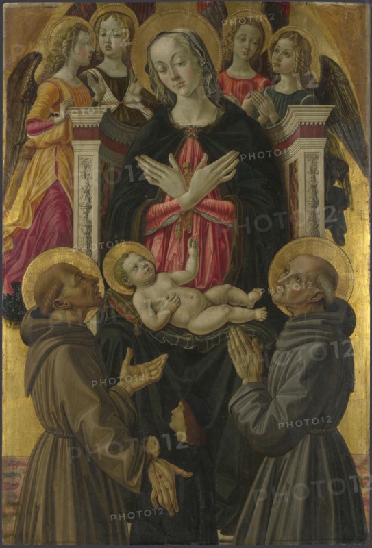 The Virgin and Child with Saints, Angels and a Donor (from Altarpiece: The Virgin and Child with Saints), ca 1475. Artist: Caporali, Bartolomeo (1420-1505)