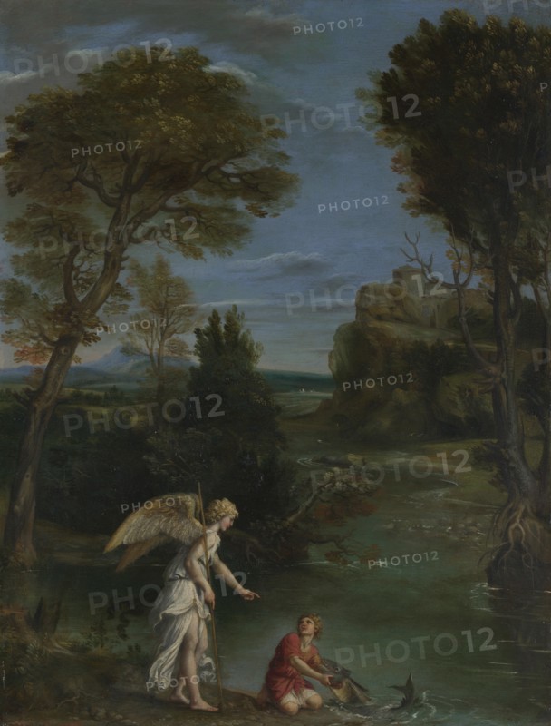 Landscape with Tobias laying hold of the Fish, c. 1612. Artist: Domenichino (1581-1641)