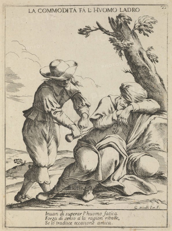Opportunity makes a thief. (La commodità fa l'uomo ladro), 1678. Artist: Mitelli, Giuseppe Maria (1634-1718)