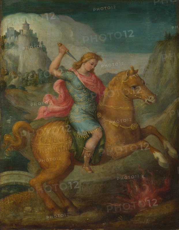Marcus Curtius, c. 1525. Artist: Bacchiacca, Francesco (1494-1557)