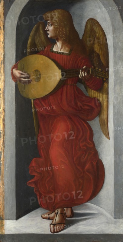 An Angel in Red with a Lute, c. 1490-1499. Artist: De Predis, Giovanni Ambrogio (1455-1509)