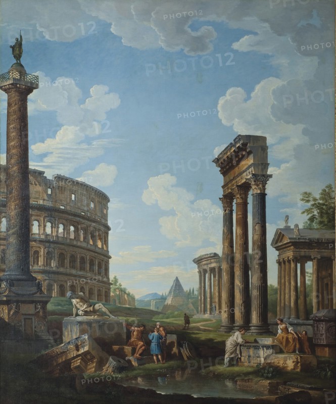A capriccio with figures among Roman ruins including the Arch of Constantine and the Pantheon. Artist: Panini, Giovanni Paolo (1691-1765)