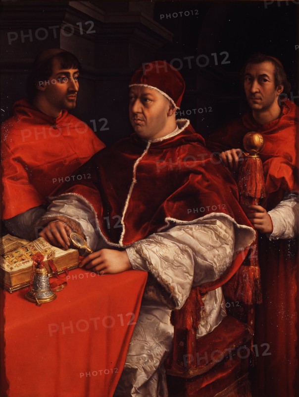 Portrait of Pope Leo X with Cardinals Giulio de' Medici and Luigi de' Rossi, ca 1518. Artist: Raphael (1483-1520)