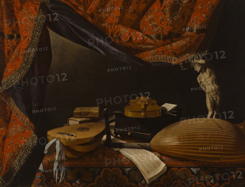 Still life with Musical Instruments, Books and Sculpture, c. 1650. Artist: Baschenis, Evaristo (1617-1677)
