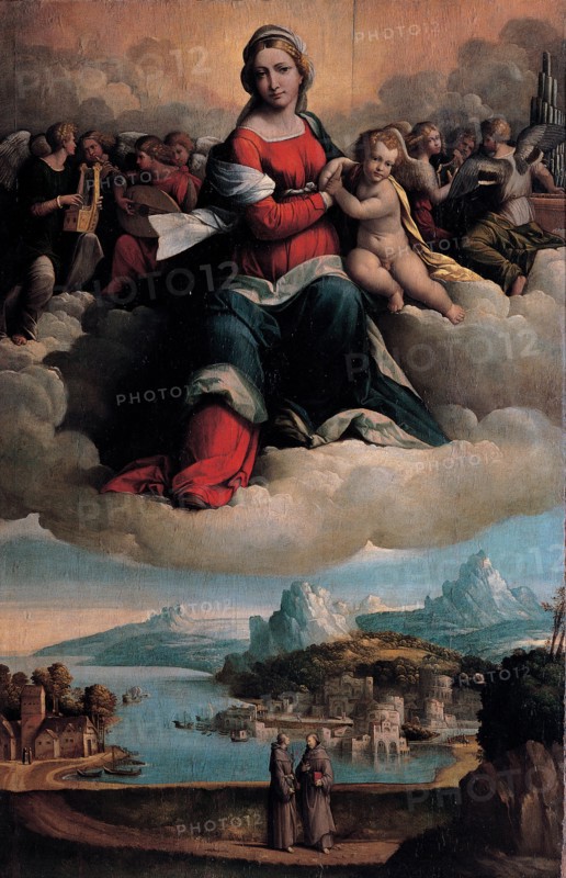 Madonna and Child in glory with the saints Anthony of Padua and Francis, 1530. Artist: Garofalo, Benvenuto Tisi da (1481-1559)