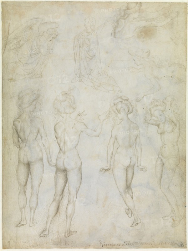 Four Studies of a Female Nude, an Annunciation and Two Studies of a Woman Swimming, c.1425. Artist: Pisanello, Antonio (1395-1455)