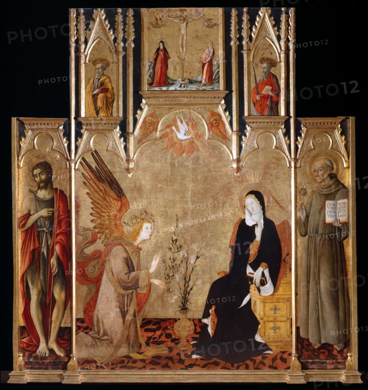 Annunciation with Saints John the Baptist und Bernardino da Siena. The Crucifixion. Saints Peter and Paul, Between 1455 and 1464. Artist: Matteo di Giovanni (ca. 1430-1495)
