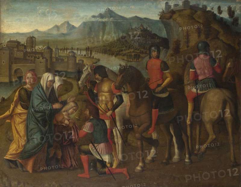 Coriolanus persuaded by his Family to spare Rome, c. 1500. Artist: Michele da Verona (1470-1536/44)