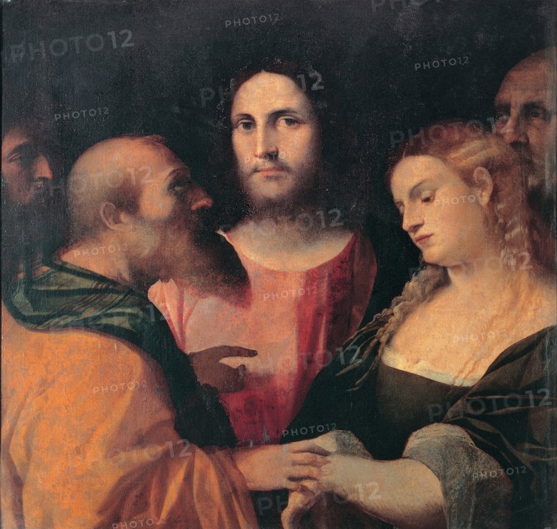 Christ and the Woman Taken in Adultery, 1525-1528. Artist: Palma il Vecchio, Jacopo, the Elder (1480-1528)