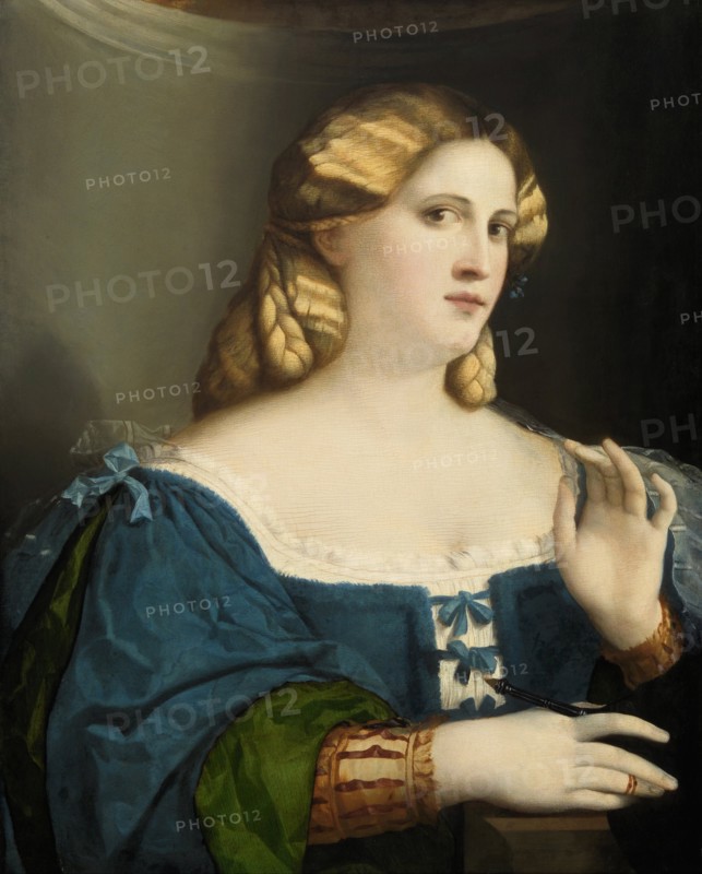 Young Woman in a Blue Dress, with Fan, 1512-1514. Artist: Palma il Vecchio, Jacopo, the Elder (1480-1528)