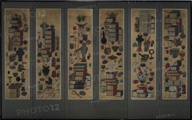 Scholar's books and utensils (Ch'aekkori). Six-section folding screen, Mid of the 19th cen.. Artist: Anonymous