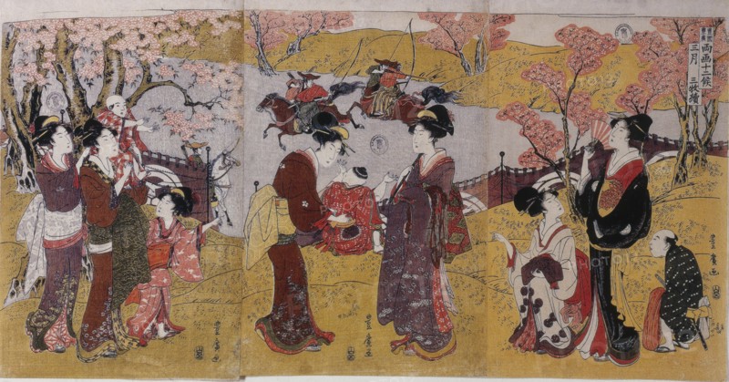 The Third Month, Triptych (from the series Twelve Months by Two Artists), 1801. Artist: Toyohiro, Utagawa (1773-1828)