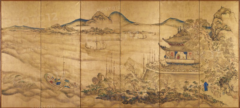Roukaku Sansui Zu (Landscape with tower) Right of a pair of six-section folding screens, c. 1750. Artist: Ike no Taiga (1723-1776)