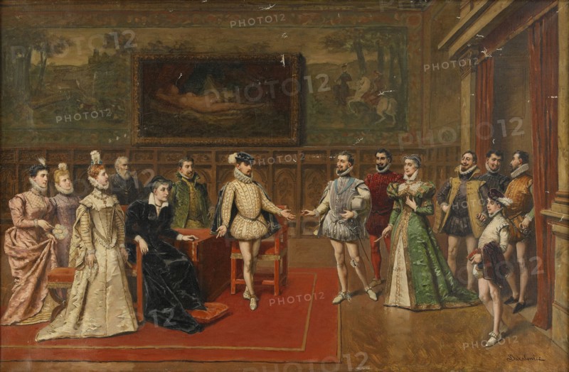 Catherine de 'Medici meets her sons Charles IX and Henry III. Artist: Bakalowicz, Wladyslaw (1831-1904)