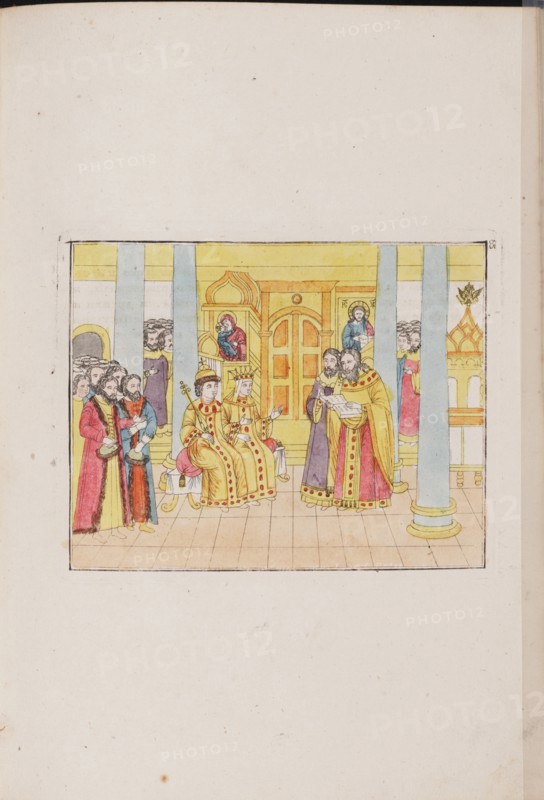 The wedding ceremony of Tsar Mikhail Feodorovich and Yevdokiya Lukyanovna, 1810. Artist: Anonymous master