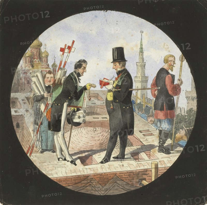 Baron Lev von Bode and Nikolay Chichagov by the Construction of the Grand Kremlin Palace, 1840s. Artist: Benois, Nikolai Leontyevich (1813-1898)