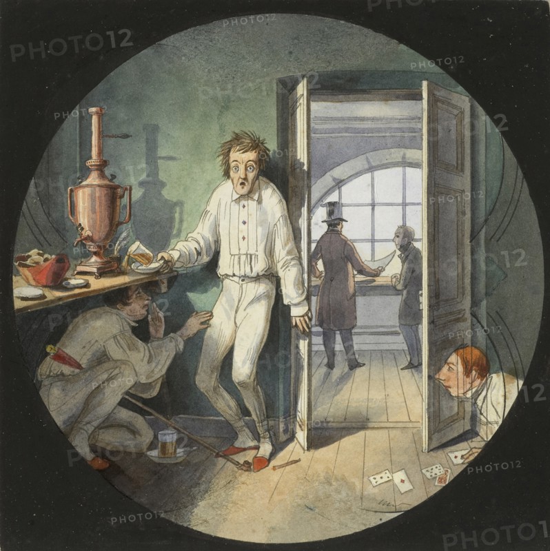 Carlo Rossi, Alexander Rezanov and Lakhtin hiding from Konstantin Thon, 1840s. Artist: Benois, Nikolai Leontyevich (1813-1898)