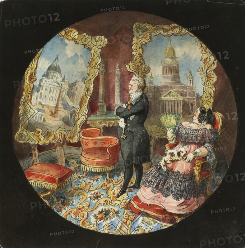 Auguste de Montferrand with Wife in the Living Room, 1840s. Artist: Benois, Nikolai Leontyevich (1813-1898)