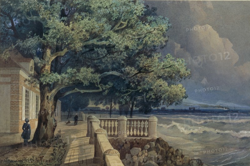 Terrace in the Monplaisir Palace, Peterhof, 1847. Artist: Dorogov, Alexander Matveyevich (1819-1850)