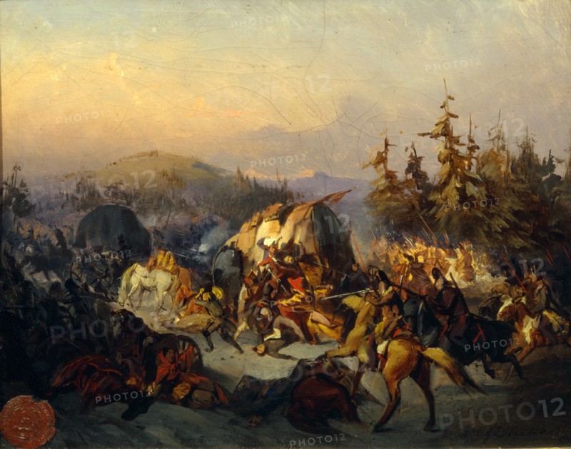 Russian Cossacks attack French troops in transit. Artist: Filippov, Konstantin Nikolayevich (1830-1878)
