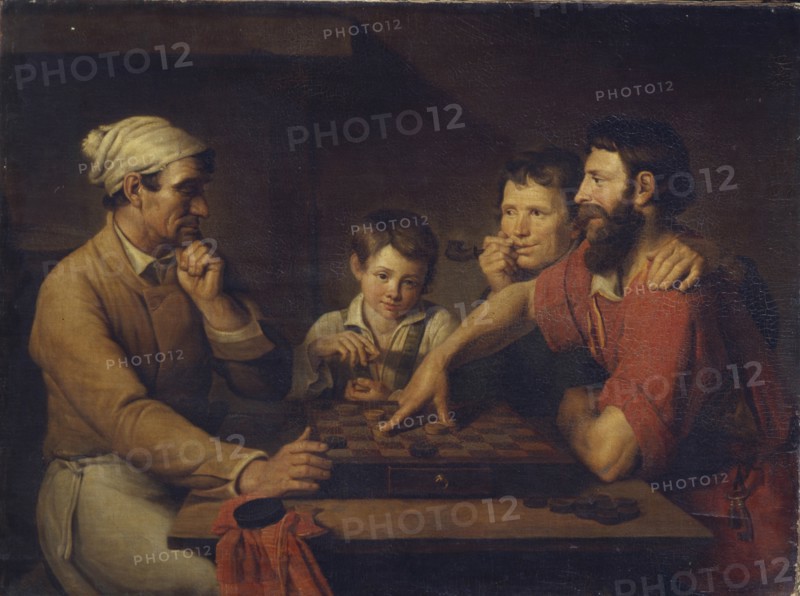 A Cook Playing Draughts with a Caretaker, 1824. Artist: Gryaznov, Vasily Ivanovich (1805-after 1862)