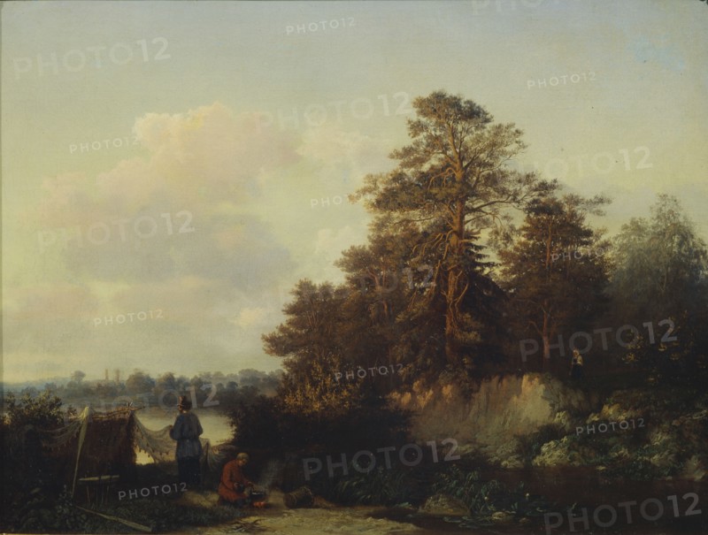 Landscape with Anglers, 1852. Artist: Kamenev, Valerian Konstantinovich (1823-1874)